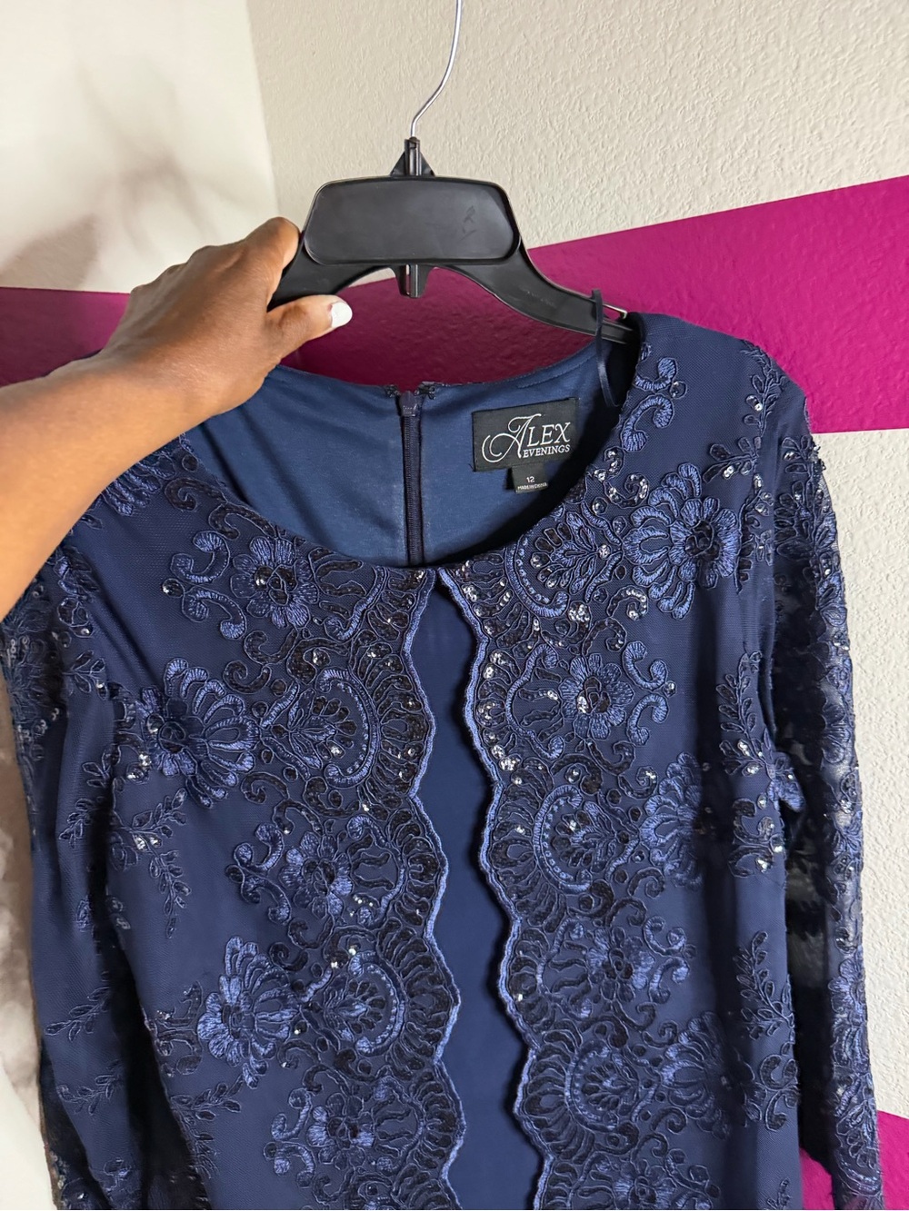 Alex Evenings Navy Beaded Lace Cocktail Dress